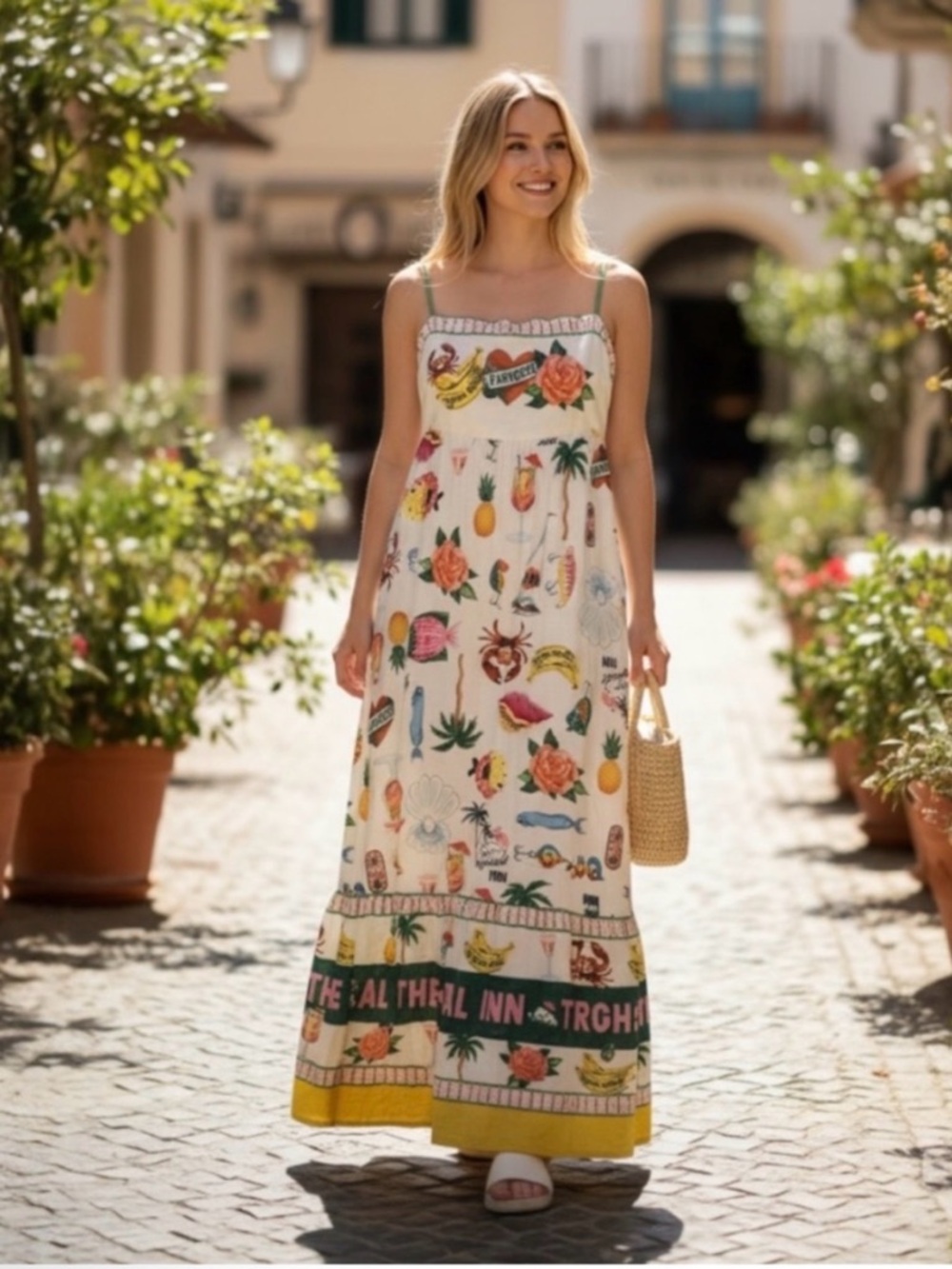 Rachel Zoe Cream Tropical Print Maxi Sundress with Yellow Hem